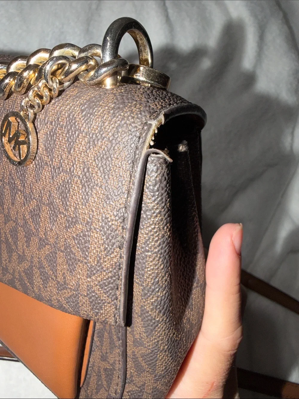 Michael Kors Brown Monogram Shoulder Bag with Tan Front Accent and Gold Chain